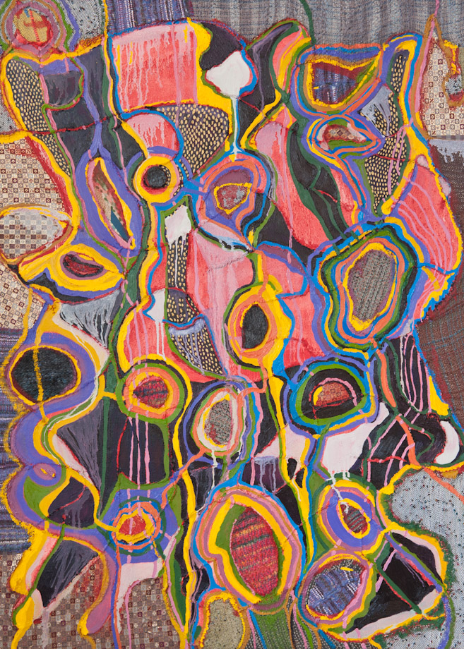 <em>Grounded in Trust, Handwoven fabric, string and oil on canvas, 48x36”, 2015. </em> 